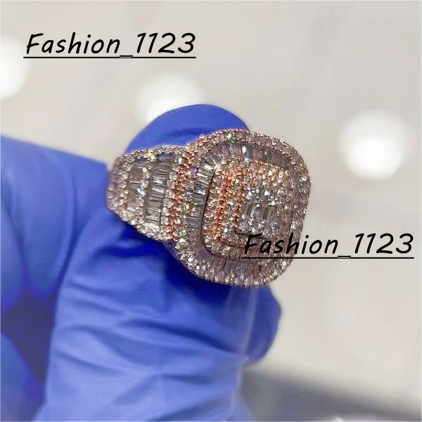Iced Out Rapper Diamond Ring Hip Hop Rose Gold Plated Baguette Stone 925 Sterling Silver Vvs Moissanite Ring