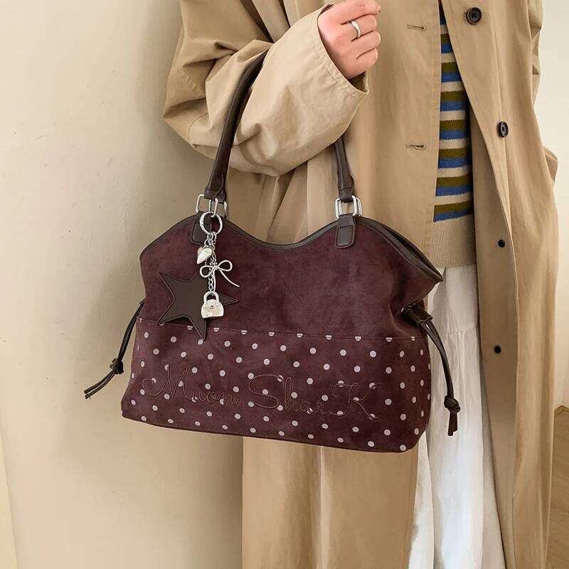 Polka Dot Suede Shoulder Women Stylish Brown Slouchy Tote Drawstring Design Magnetic Buckle Underarm Bag With Star Pendant XJ260306
