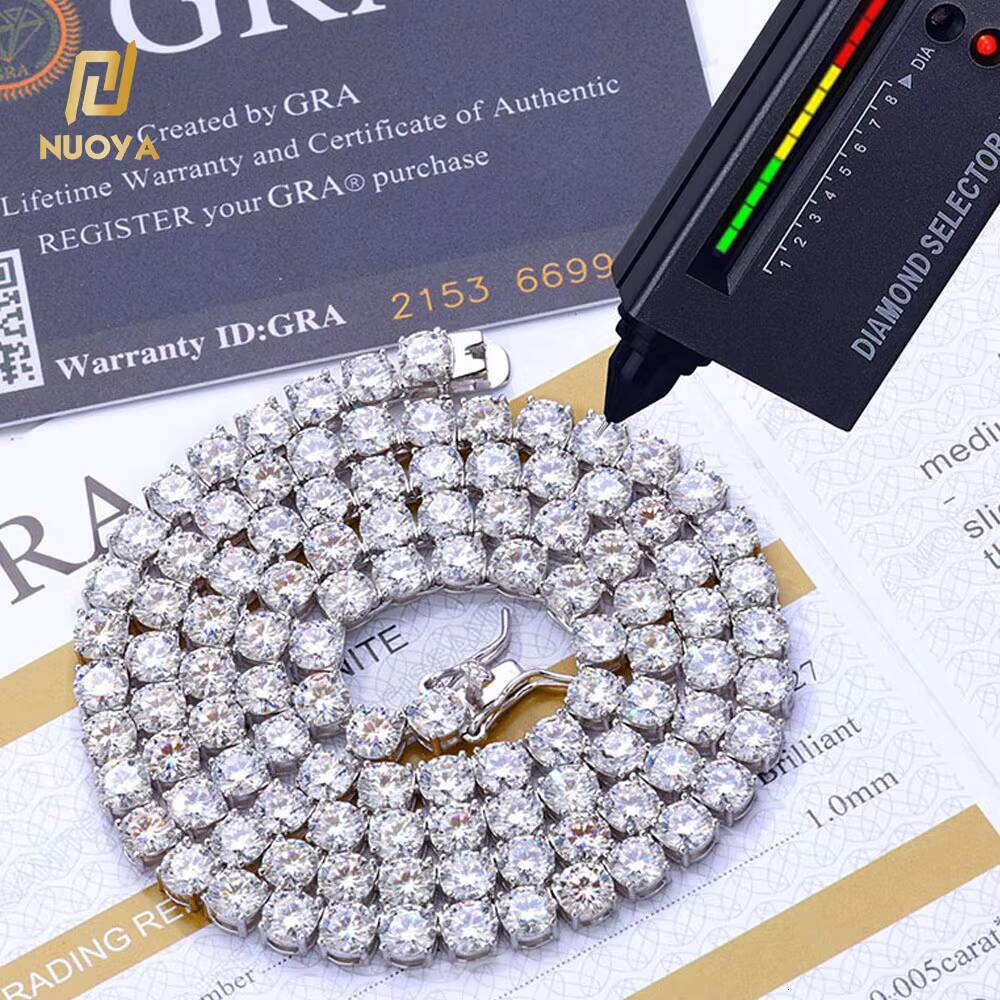 NUOYA Fine Jewelry VVS Moissanite Tennis Chain Womens 6mm 925 Sterling Silver Iced Out Diamond Tennis Chain Necklace for Gift
