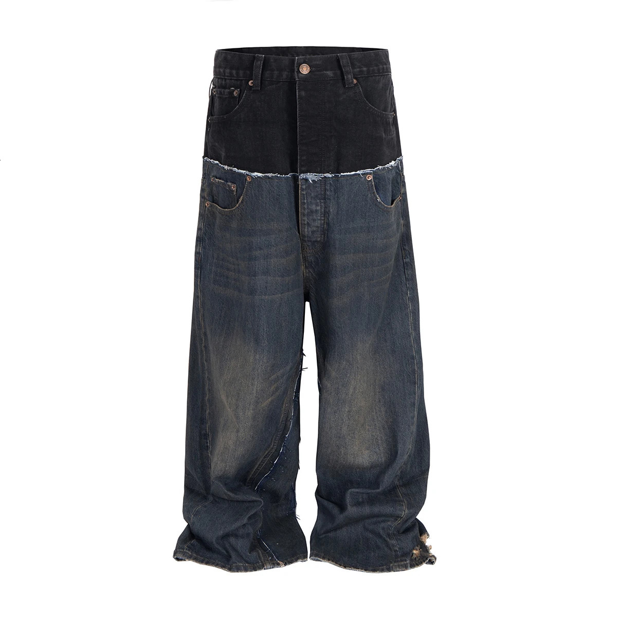 CUT-UP Double-layer Double Waist Patchwork Baggy Jeans for Men and Women Straight Casual Loose Denim Trousers Oversized 260227
