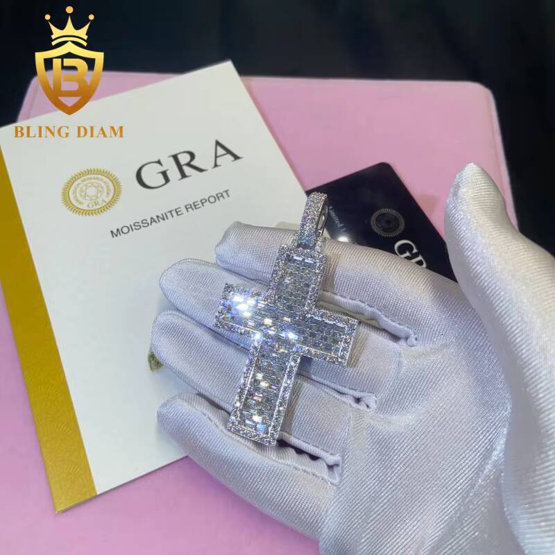 Past Diamond Test Hip Hop Style Cross Moissanite Pendant Charm Solid 925 Silver VVS Moissanite Jewelry Iced Out Cross Pendant