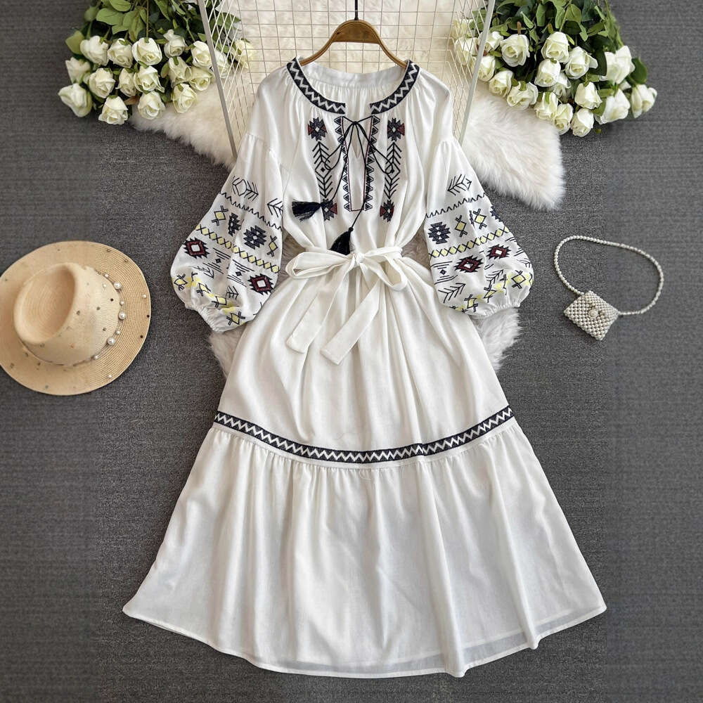 2026 A12 Women's Seaside Vacation Skirt Beach Skirt Super Elf like Ethnic Style Embroidered Lantern Sleeves Floating Long Skirt