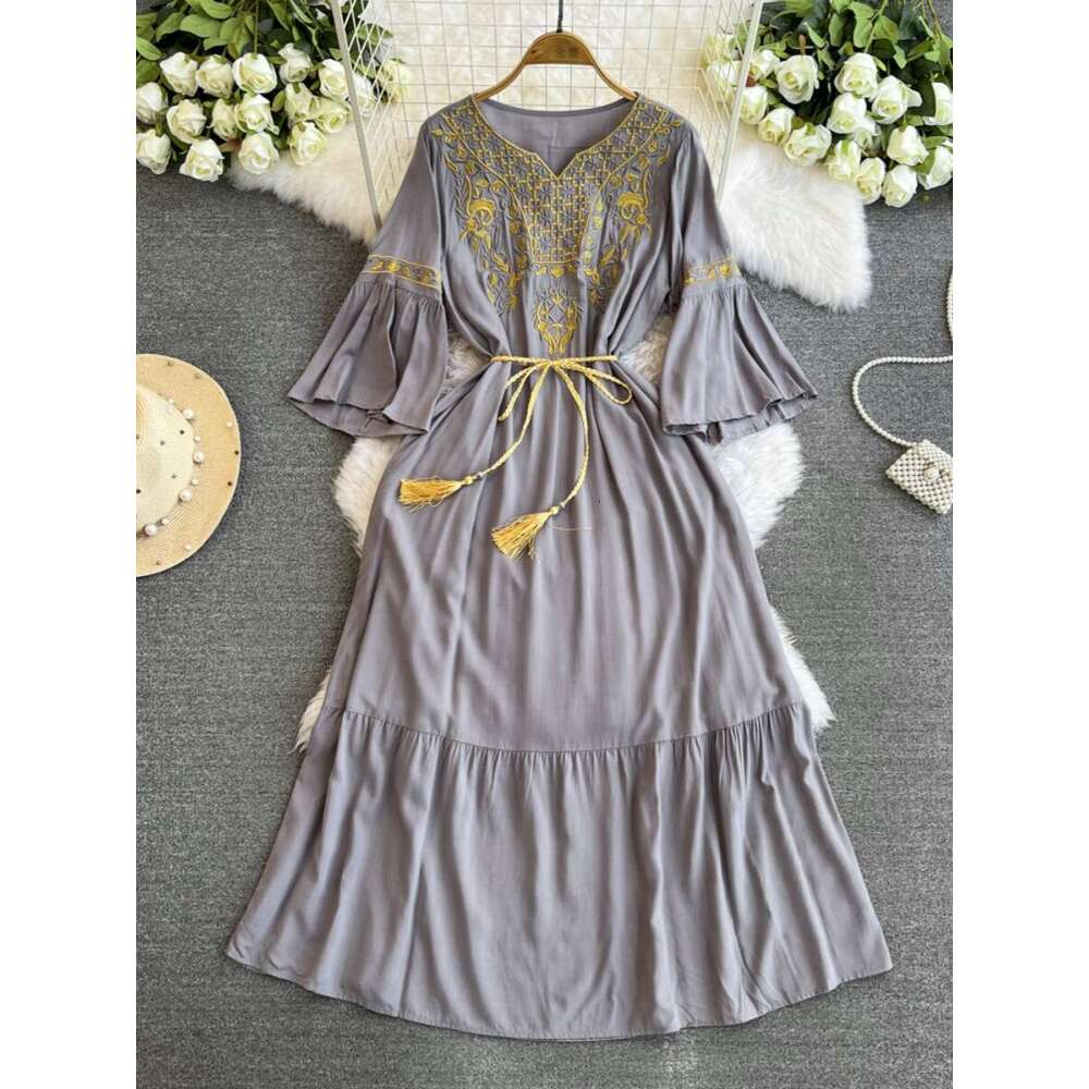 2026 Spring A13 and Autumn Embroidered Dress V-neck Waist Slimming Bell Sleeve Bohemian Style Quarter Sleeve