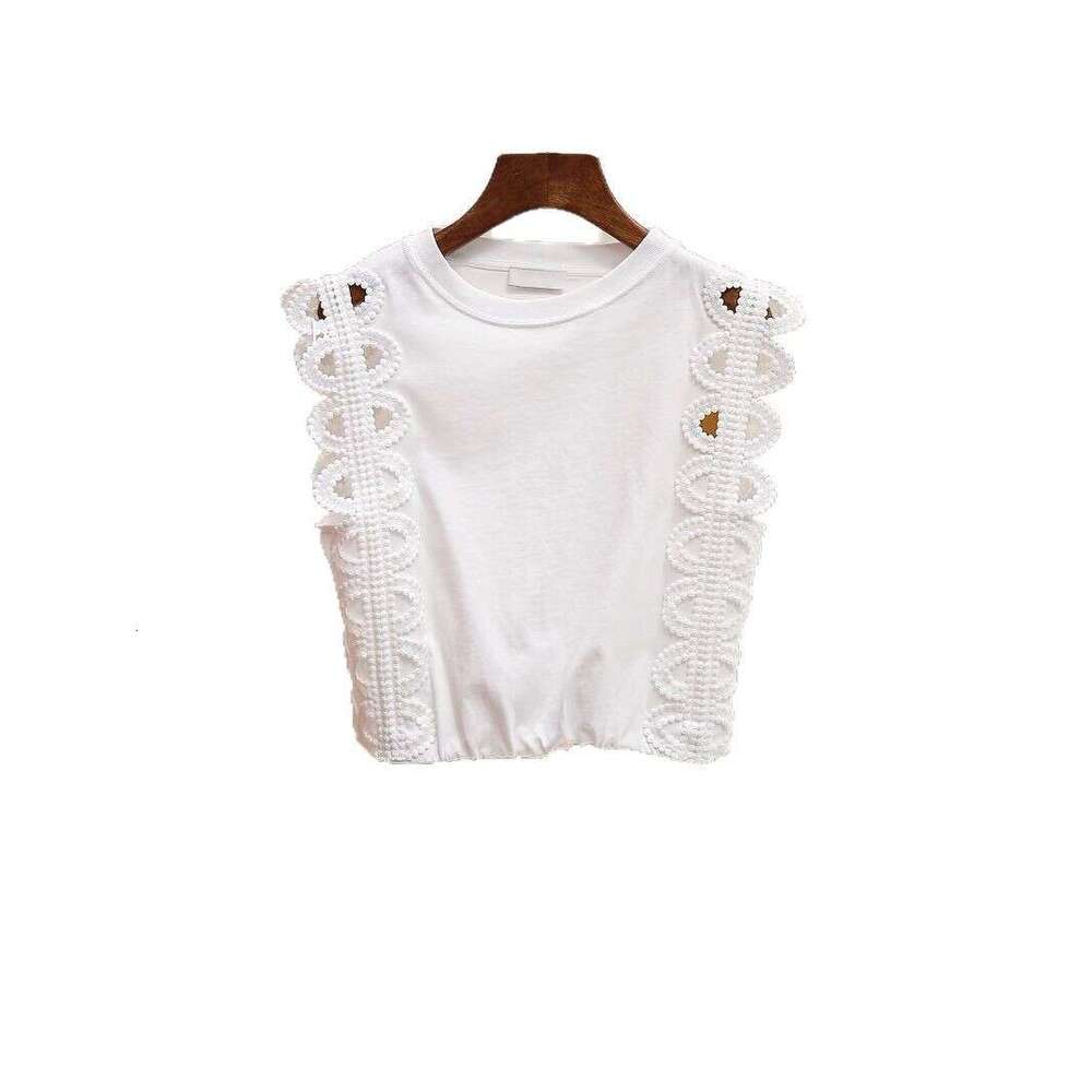 2026 high-end women's spring and summer new fashionable French design hollow out sleeveless short sleeved T-shirt top
