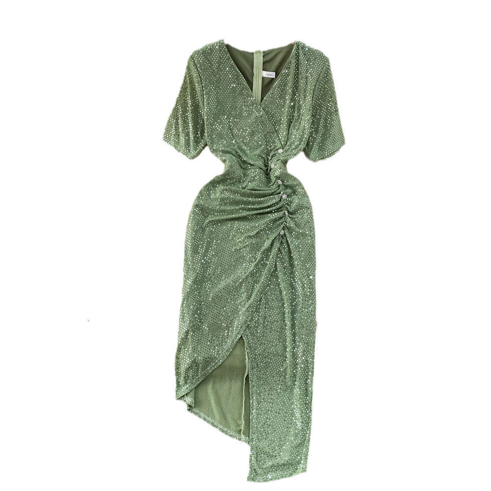 2026 designer fashion women's short sleeved V-neck waist slimming pleated skirt shiny silk irregular slit slimming dress