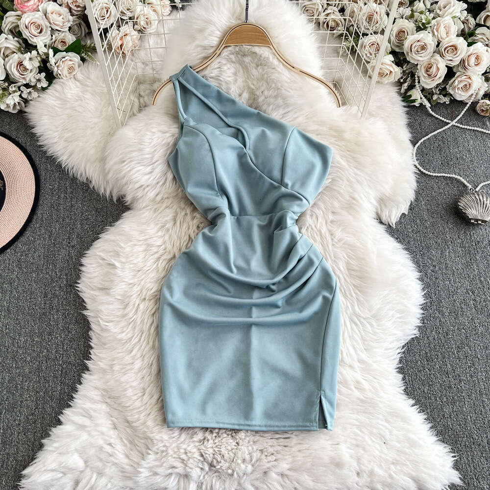 2026 Spring/Summer One Shoulder Slimming Dress A13 with Chest Cushion Design, Tailored, Fashionable, Sexy and Elegant Style