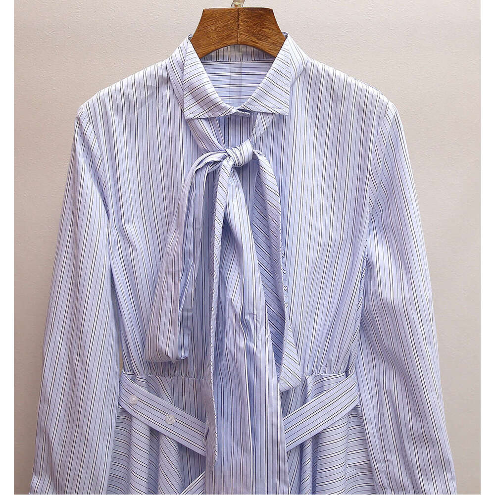 2026 designer high-end women's A12 spring Art Nouveau elegant style lace up lapel slim striped shirt dress