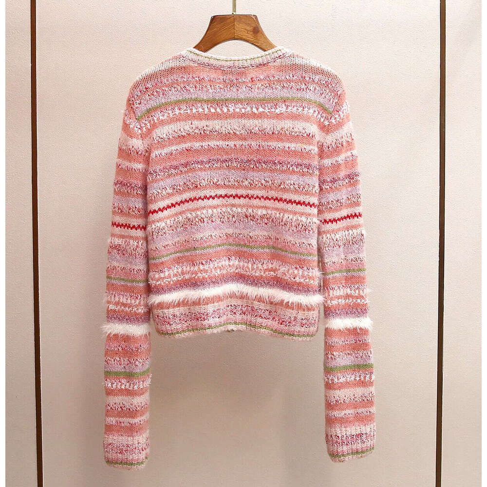 2026 designer high-end women's spring and summer new sweet mixed color striped round neck versatile single breasted knitted sweater top