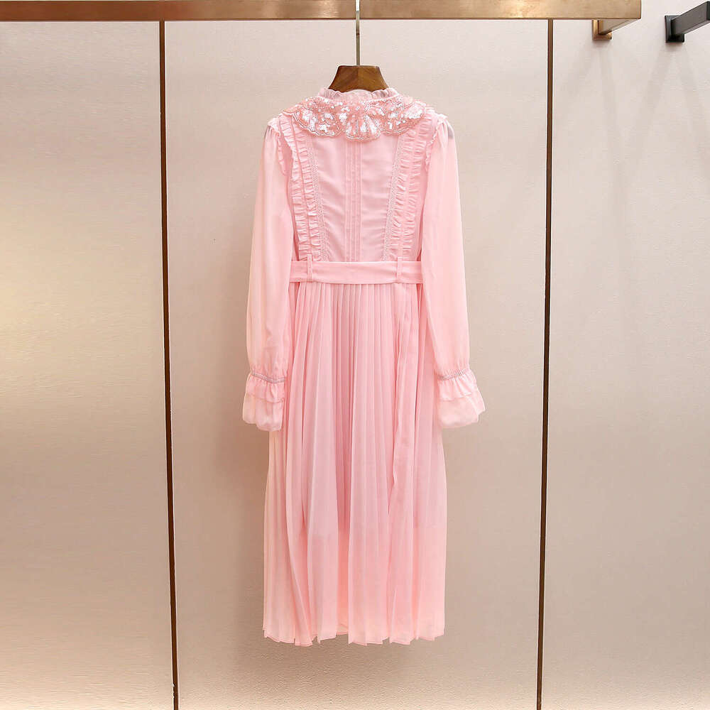 2026 autumn and winter A12 new soft style pink heavy pearl doll collar long sleeved waist pleated flower dress