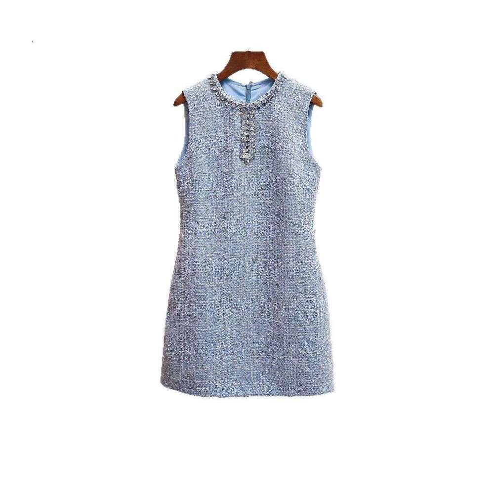2026 Spring New Designer Celebrity Style Mist Blue Water Diamond Hollow Sexy Round Neck Glitter Tank Top