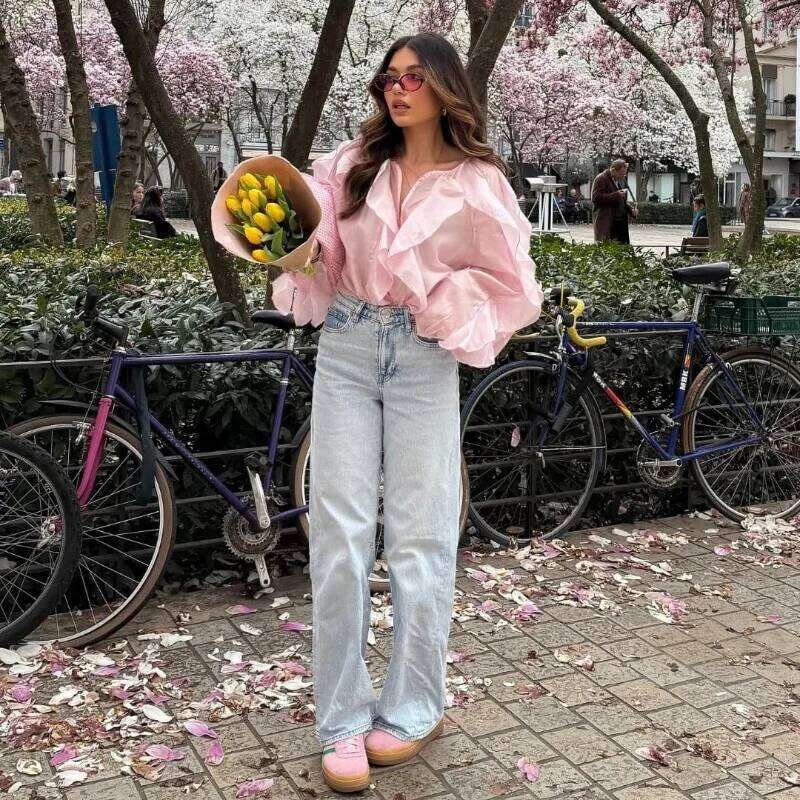 Spring 2026 Elegant V-Neck Blouse Single-Breasted Long Sleeves Laminated Decorative Solid 2Color Shirt Women Clothes AKIKIYU