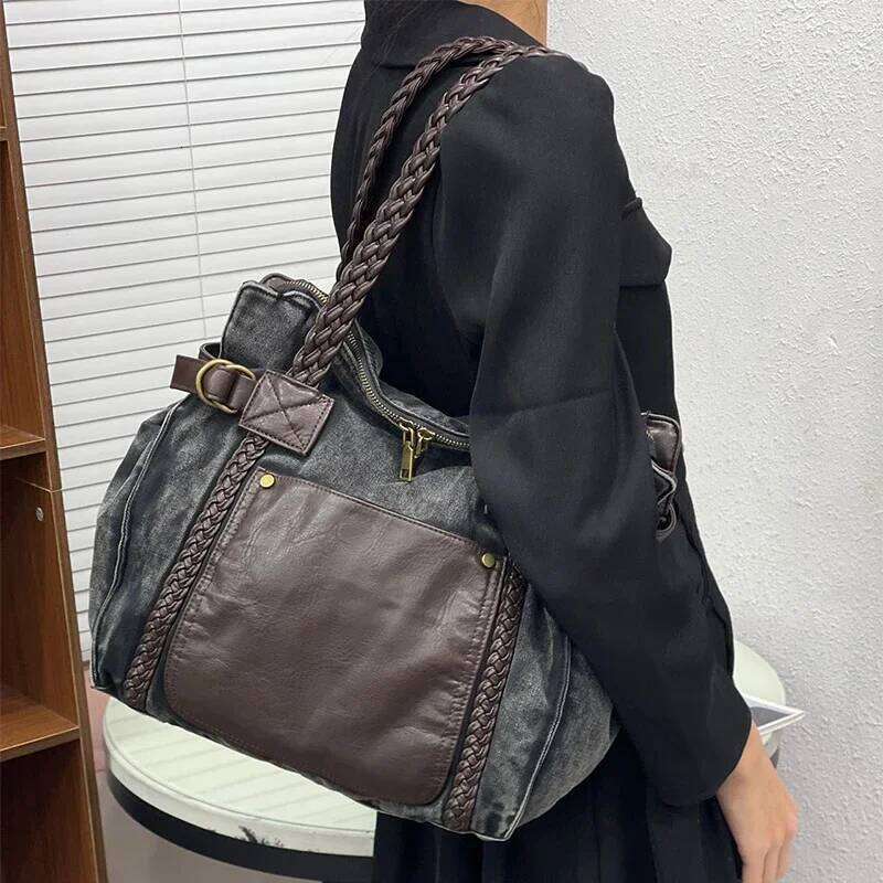 Washed Denim Shoulder Bag,Women Large Capacity Vintage Tote Bag,Effortless Chic Casual All-Match Contrast Color Splicing Handbag XJ260306