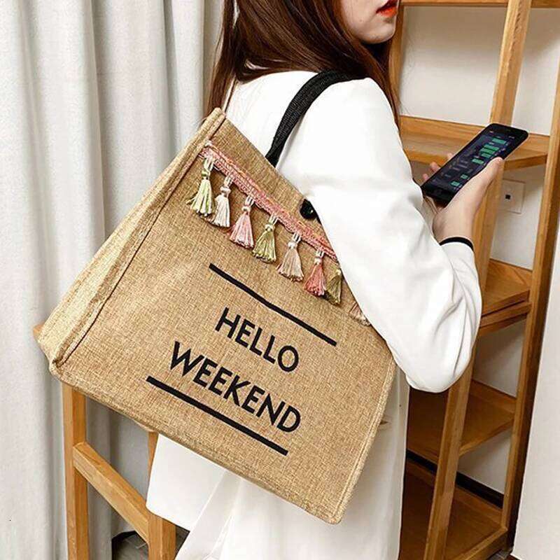 Women Beach Bags Handbags Large Capacity Lady Tassel Shoulder Big Letter Linen Totes Casual Girls Travel Shopping Bag XJ260306