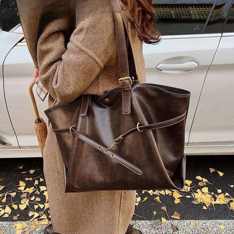 Korean Style Casual Solid Shoulder Vintage Large Capacity PU Leather Tote Bag Women Y2k Fashion Handbags Trend Underarm Bags XJ260306