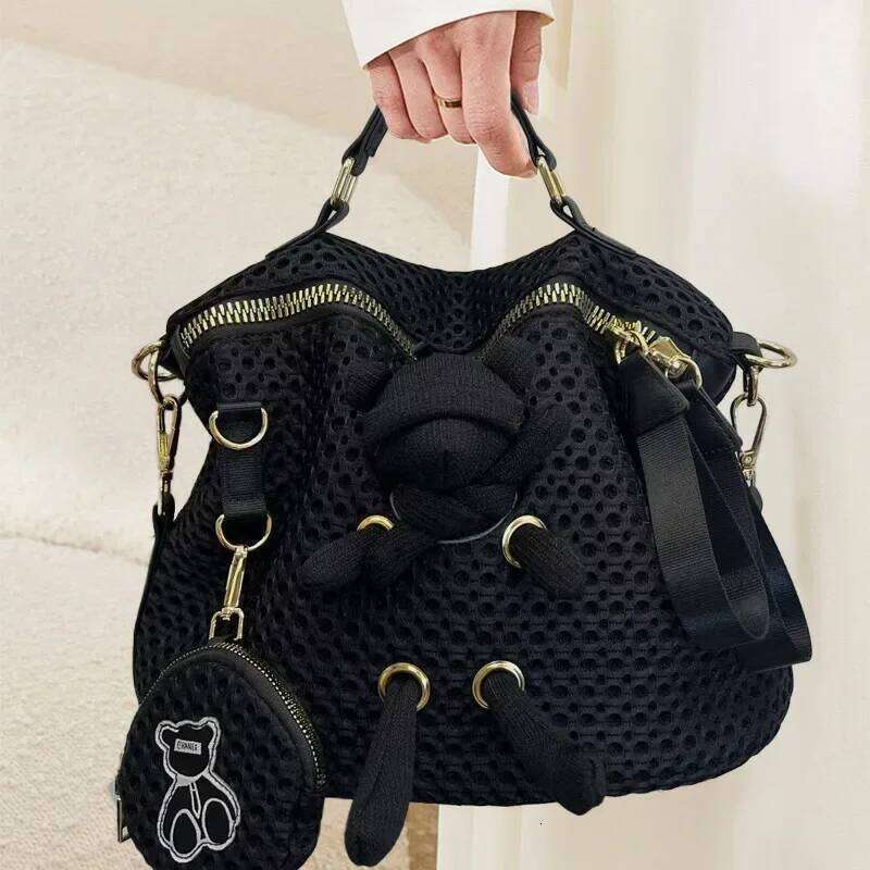 Ladies' fashionable retro stitched mesh handbag, cute and casual multi pocket shoulder bag XJ260306