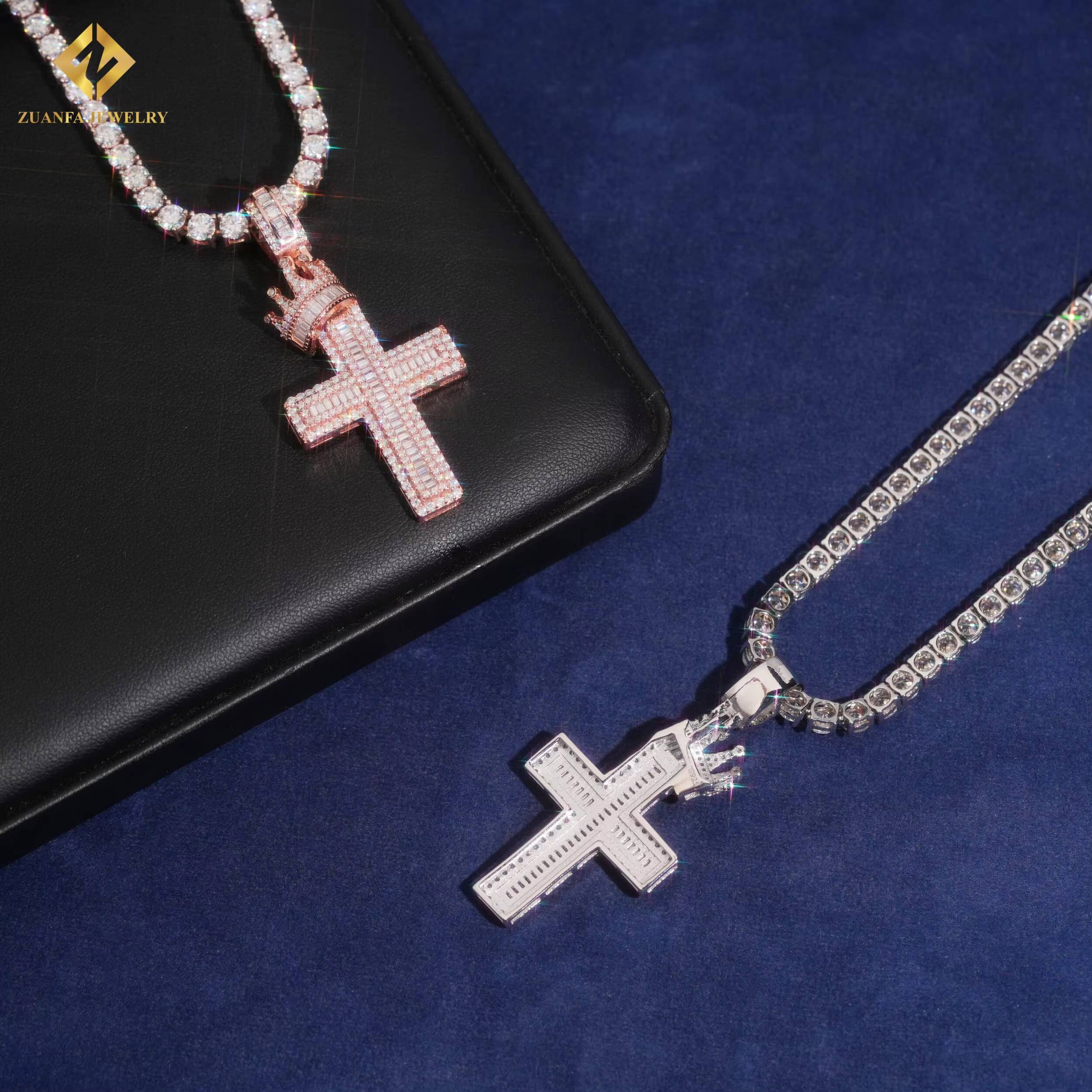 USA Warehouse VVS Moissanite Hip Hop Jewelry Cross Crown Iced Out Pendant Charm 925 Sterling Silver Moissanite Cross Pendant Men