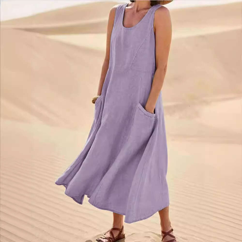 2026 Spring and Summer A12 Designer European and American Style Pocket Sleeveless Round Neck Women's Pure Cotton Dress