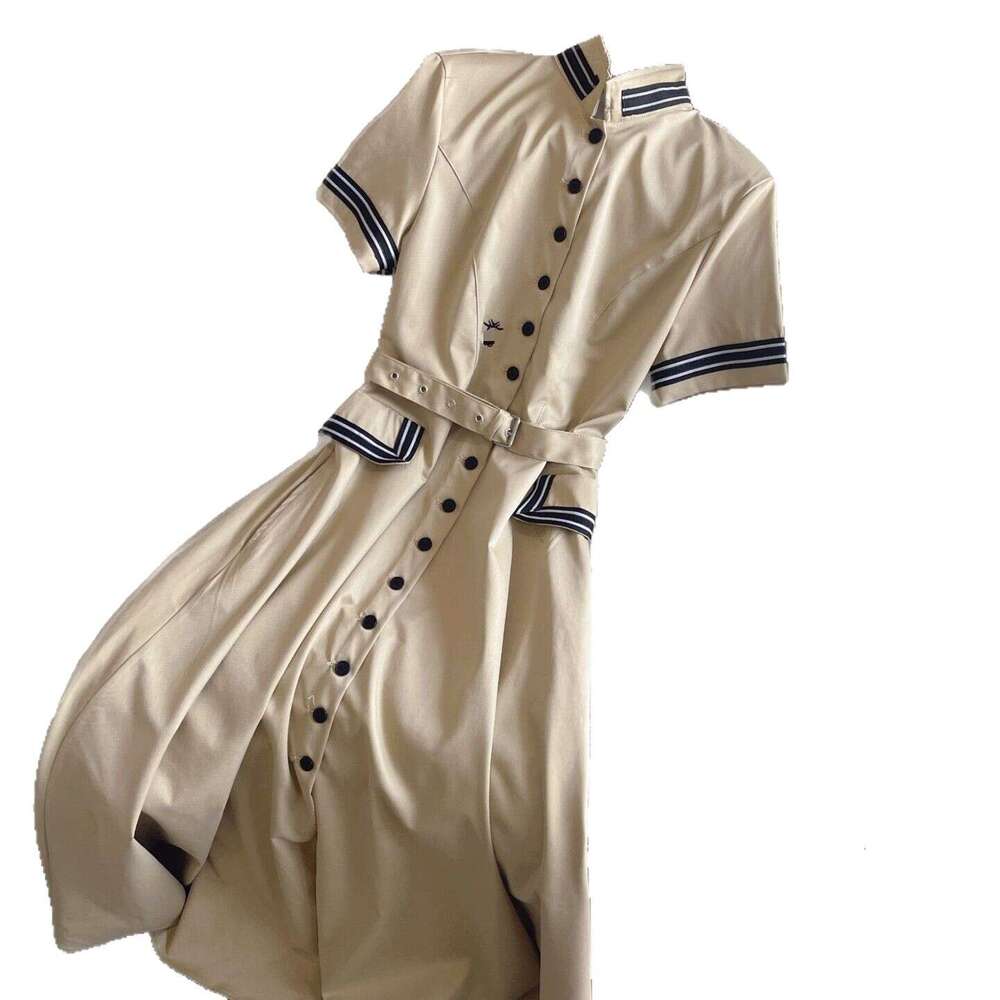 2026 Spring and Summer New Designer Fashion Women's Casual Ribbed Collar Women's Short sleeved Dress with Belt