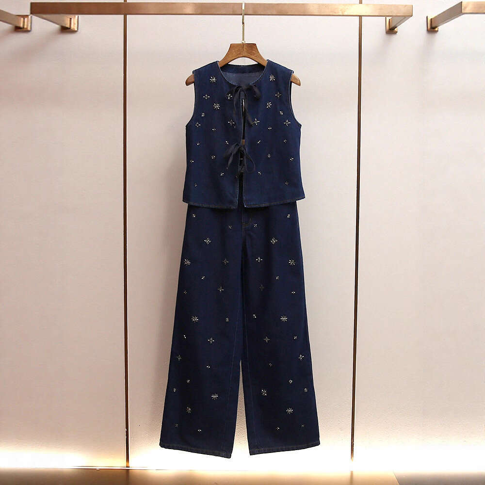 2026 Designer High end Women's Autumn New Era Shrink Bead Tank Top A-line Wide Leg Pants Cowboy Two Piece Set