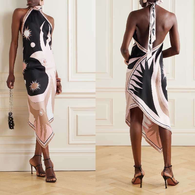New Summer European and American Sexy Halter Neck Backless Printed Satin Vacation Beach Dress for Women