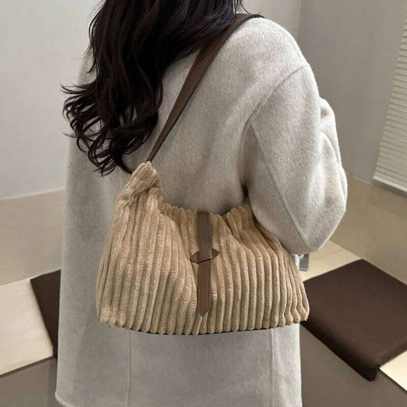 Casual Versatile Corduroy Shoulder Bag Women, Winter Large Capacity Tote Ladies Handbag For Daily Used XJ260306
