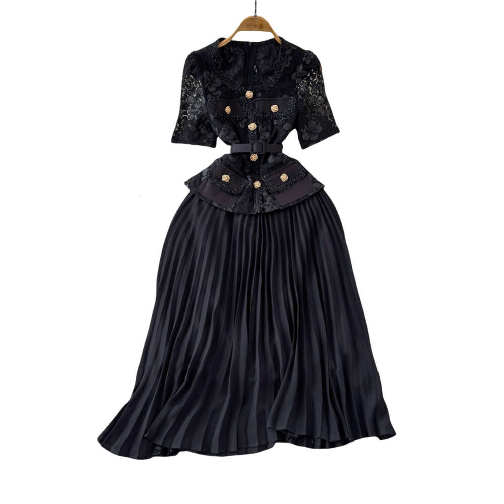 2026 Spring/Autumn A12 New Lightweight Luxury Fashion Elegant Social Style Slimming Lace Patched pleated Dress