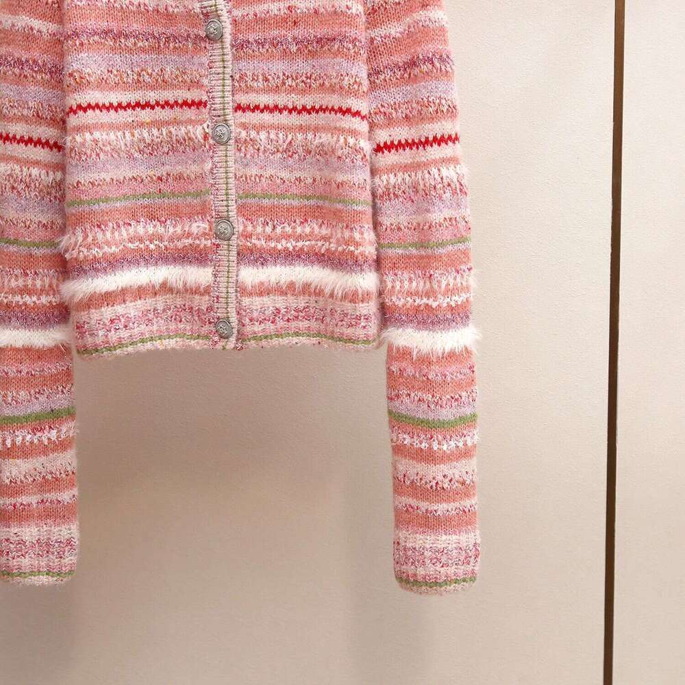 2026 designer high-end women's spring and summer new sweet mixed color striped round neck versatile single breasted knitted sweater top