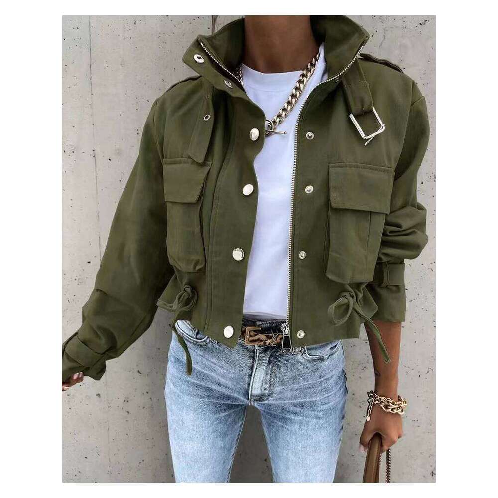 Woman Jacket Clothing Streetwear Autumn &Winter Elegant Slim Round Neck Solid Pocket Button Long Sleeve Workwear Coats AKIKIYU