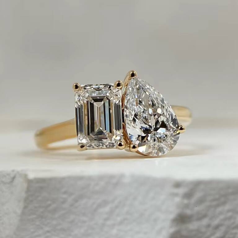 18K Gold Pear and Diamond 1CT Double Setting Lab Grown Diamond Rhodium Plated Classic Wedding Ring for Women Men IGI Certified