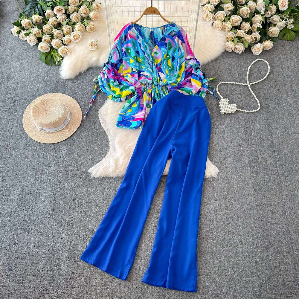 2026 Designer Fashion A13 Women's Casual European and American Style Short Sleeve V-neck Waist Wide Songhua Shirt Two Piece Set