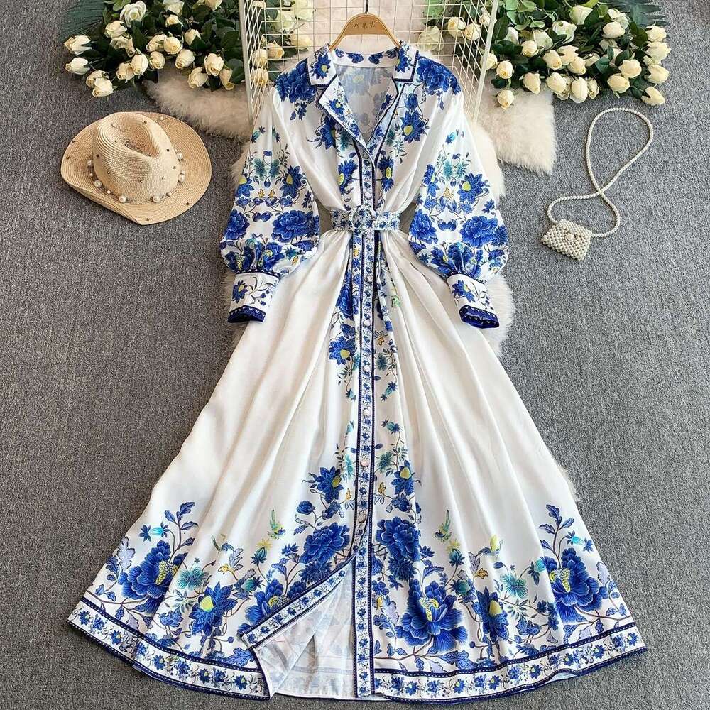 French retro printed dress for women, standing collar with lantern sleeves, spring and autumn with pearl buttons, tie waist, slim fit effect, big hem 