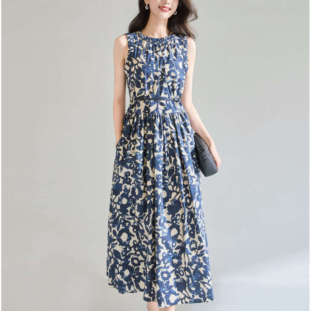 2026 Spring/Summer Designer Hepburn Style Oil Painting Printed Cuff Free Belt A13 Poplin Medium Long Dress