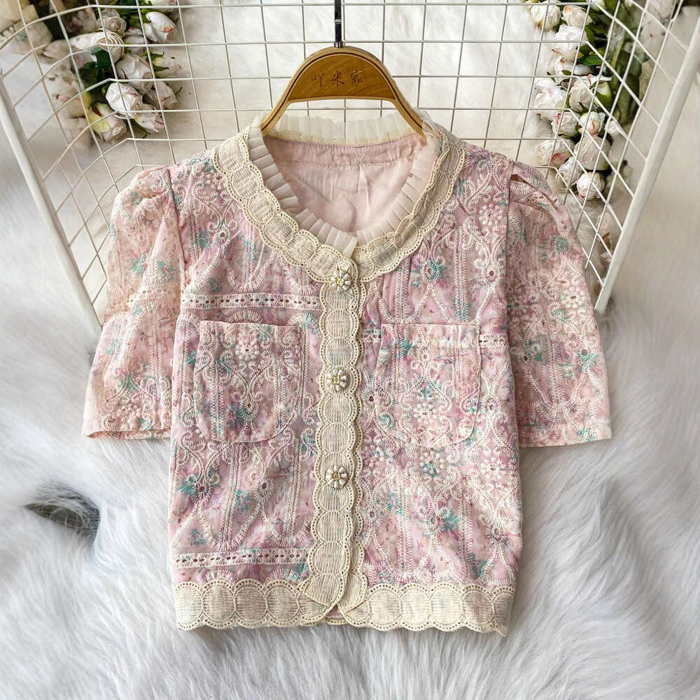 2026 Elegant Cross border Social Celebrity Style Heavy Industry Lace Embroidery Young Round Neck Jacket A12 High Waist Wide Leg Shorts