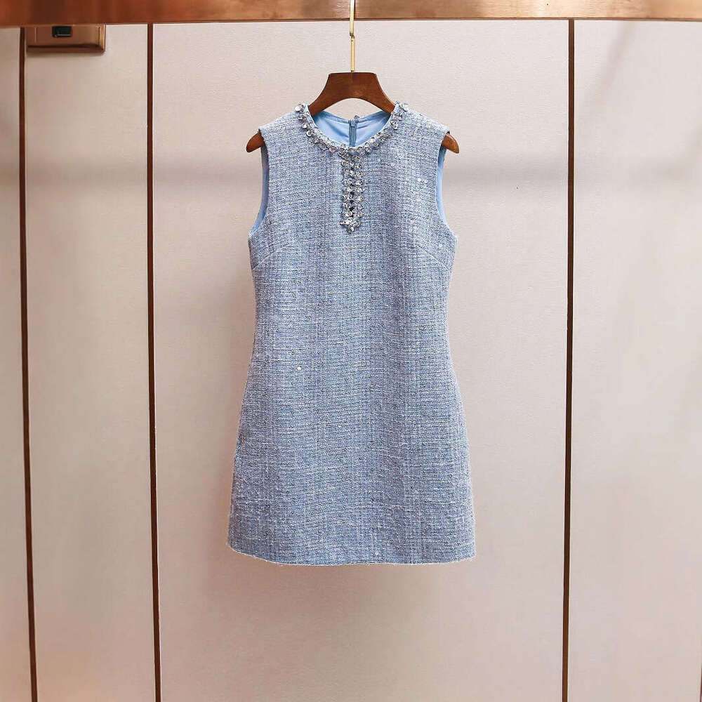 2026 Spring New Designer Celebrity Style Mist Blue Water Diamond Hollow Sexy Round Neck Glitter Tank Top