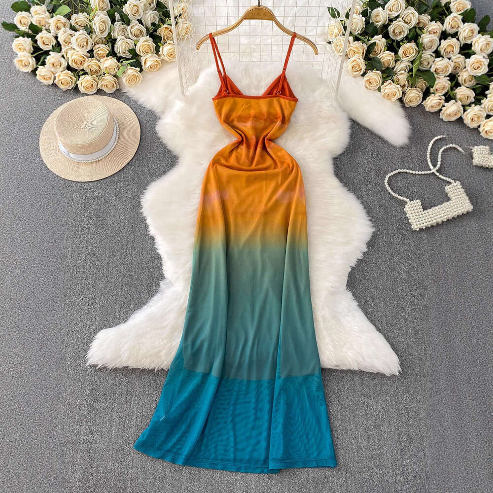 2026 vacation style A13 sexy V-neck women's vest summer high-end gradient color slim fit pure desire mesh dress