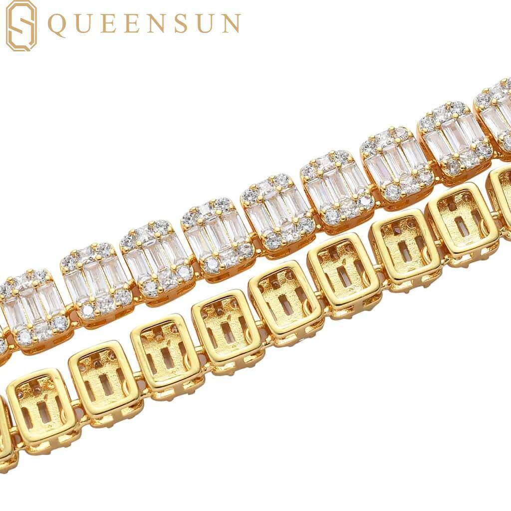 Queensun IGI GRA 18k Solid White Gold Tennis Bracelet 9mm Rectangular S925 Moissanite Hip-hop Chain Link Jewelry Lab Diamond