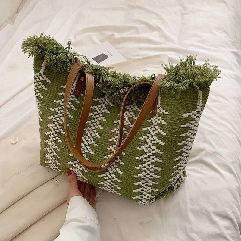 Casual Travel Stripe Design Shoulder New Tassel Handbags Woven Canvas Women's Large Capacity Tote Bag XJ260306