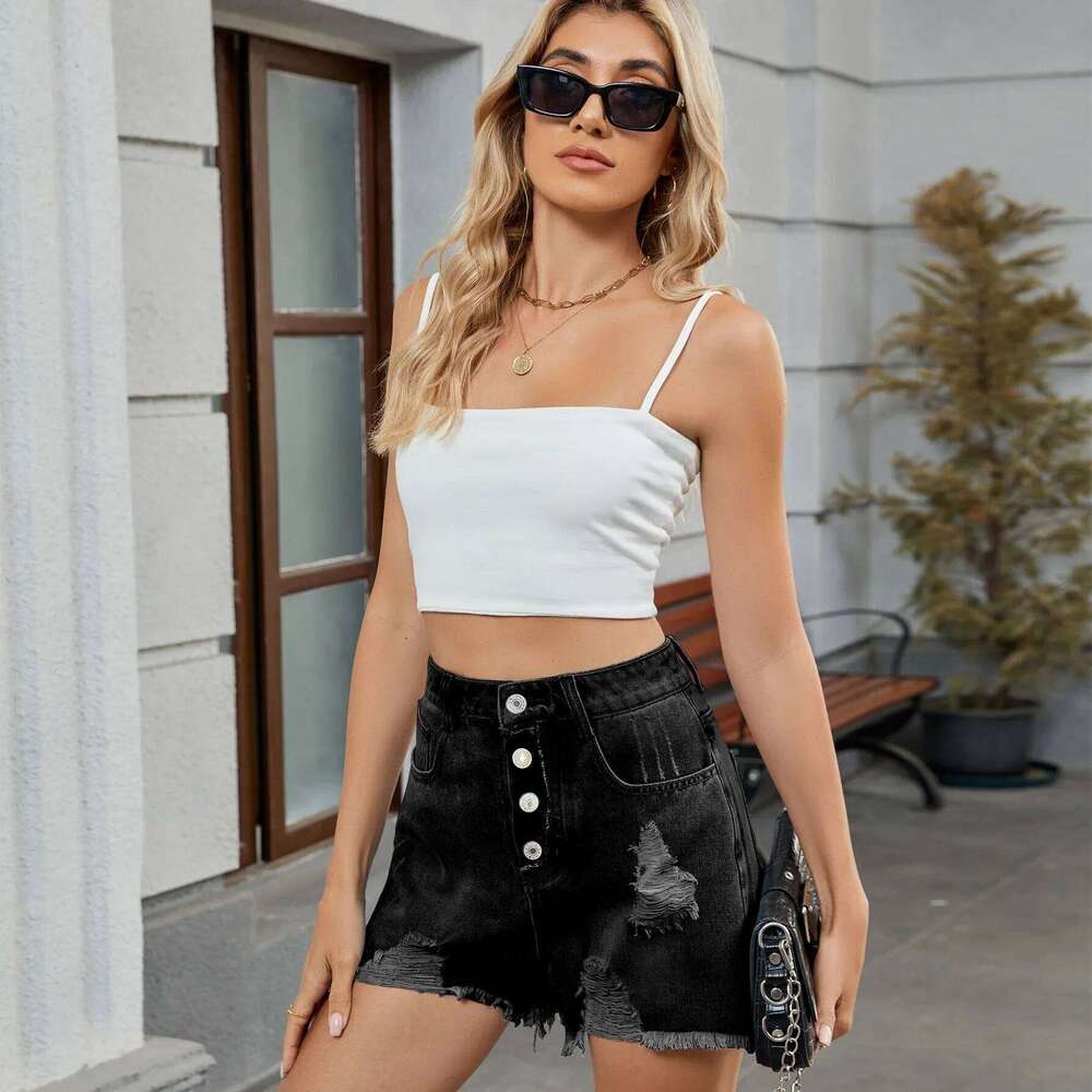 Personality Versatile Washed Ripped High-waist Shorts. Ladies Summer New Fashion Design Casual One Row Button Denim Shorts XJ260306