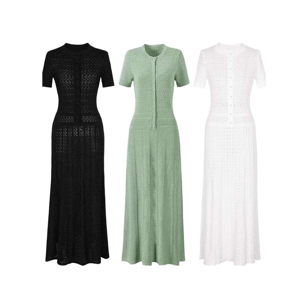 French style new design round neck hollow knit fashionable and elegant A-line long skirt for spring and summer of 2026