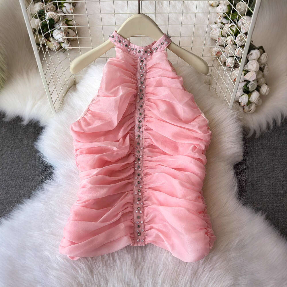 2026 European and American sexy hot girl style off shoulder beaded off shoulder vest for spring and summer social celebrities slim fit top