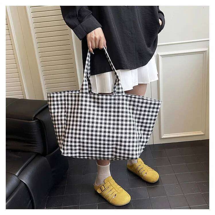 Large Capacity Plaid Women's Canvas Shoulder Bags Simple Commuter Female Shopping Bag College Girls Book Tote Travel Handbags XJ260306