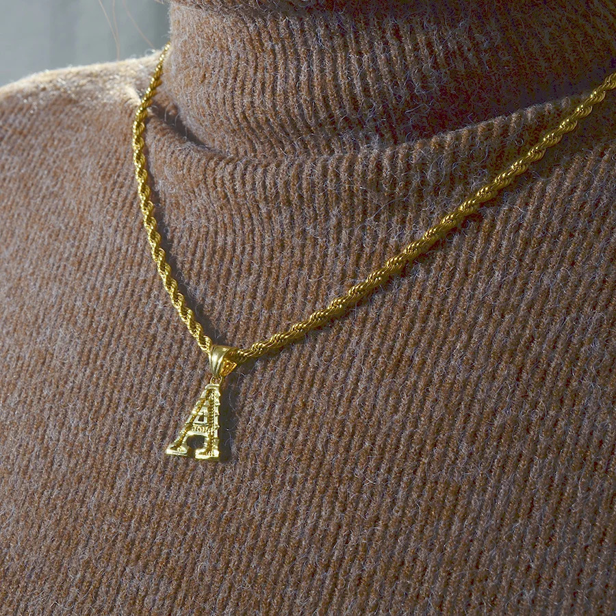 Anniyo A-Z Letters Necklace Men Gold Plated Initial Pendant Rope Chain English Letter Jewelry Alphabet African 058002B 260302 - view 3