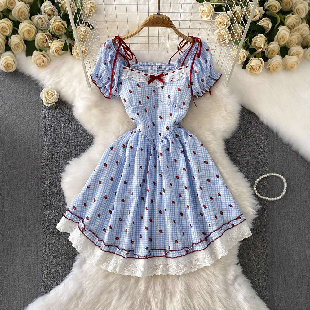 2026 Designer Women's French Plaid Sweet Lace Bordered Square Neck Bubble Sleeves Summer Butterfly End Waist Slimming Dress