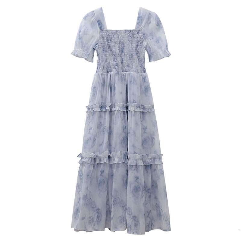 Retro Square Neck Floral Dress for Women, Summer 2024 New Style, Super Fairy-Like, Slim-Fit, Ruffled Long Dress