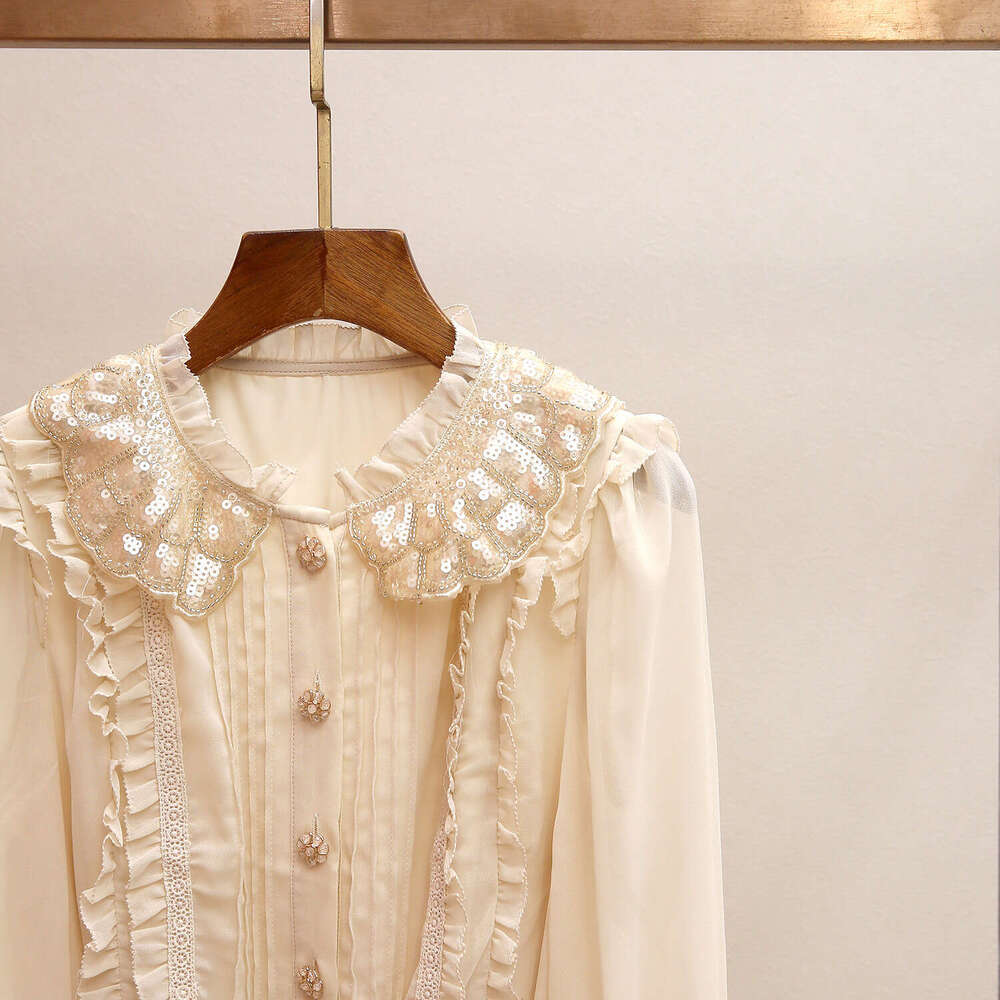 2026 autumn and winter new casual elegant style pleated patchwork bead doll collar waistband chiffon women's long sleeved dress