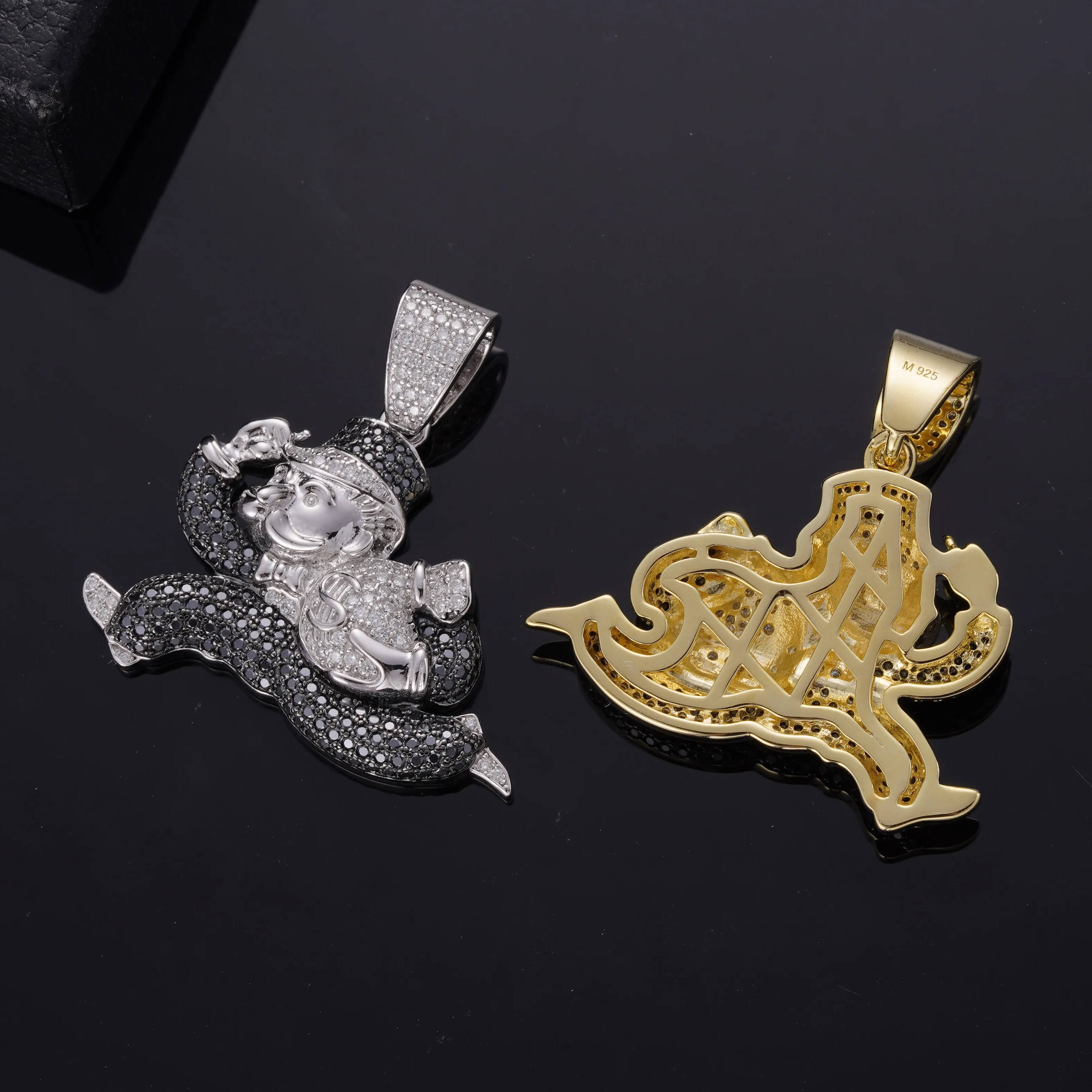 Rapper Hip Hop Jewelry S925 Silver Iced Out Real Gold Plated Black Moissanite Monopoly Running Clown Money Bag Pendants for Men