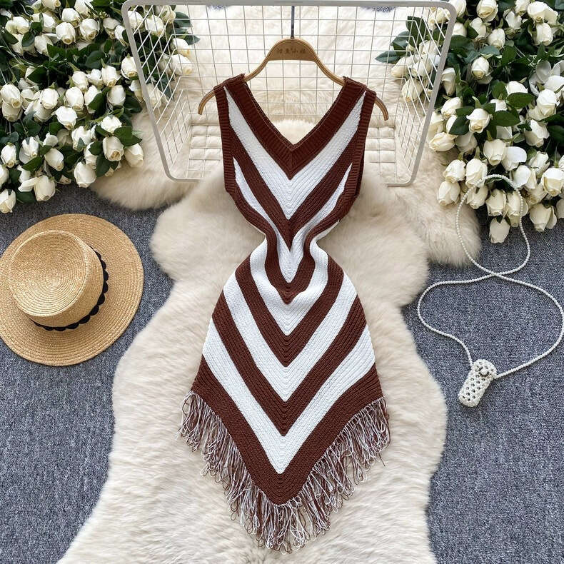 2026 European and American style sexy V-neck vacation style sleeveless striped knitted women's dress slim fit tassel