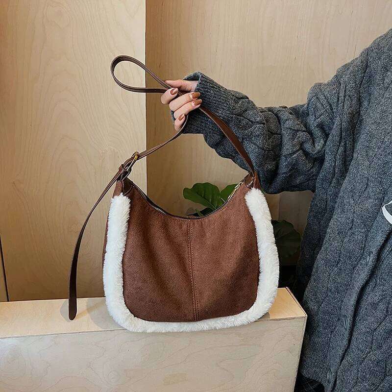 New Shopping Crossbody for Women Faux Suede Simple Texture Shoulder Bags Fashionable Winter Fluffy Casual Commuting Bag XJ260306