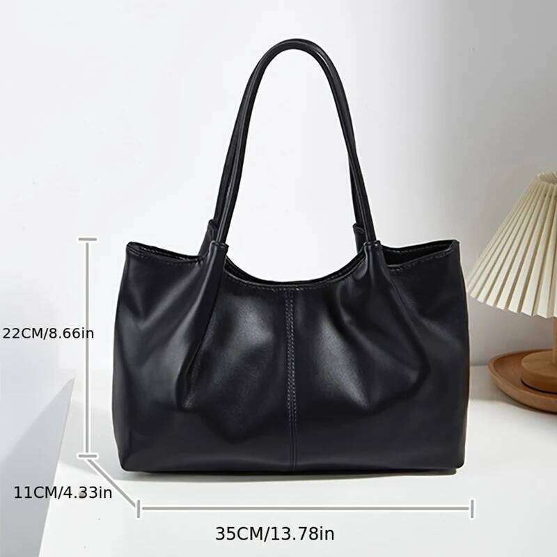 2025 Soft Leather Shoulder Large for Women; Portable Tote Bag; Black Pleated; Daily Commuting Bag XJ260306