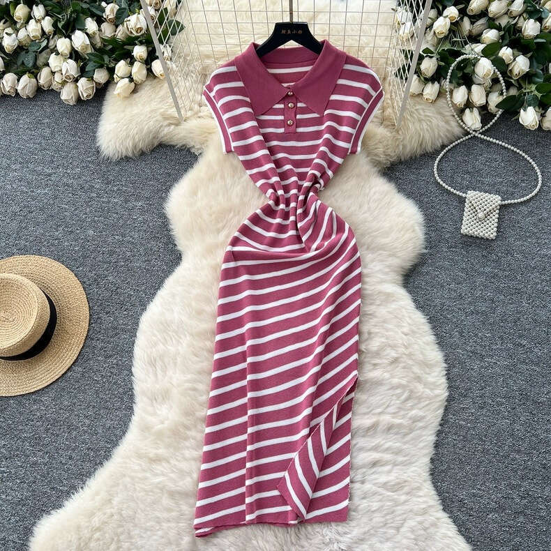 2026 Korean Fashion Summer New High end Retro Polo Collar Sleeveless Waist Slimming Slant Striped Knitted Dress